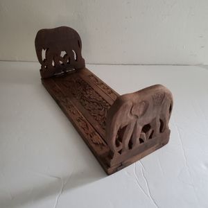 Vintage Elephant Flowers Crafted Wood Extending Book Rack Folding Bookend